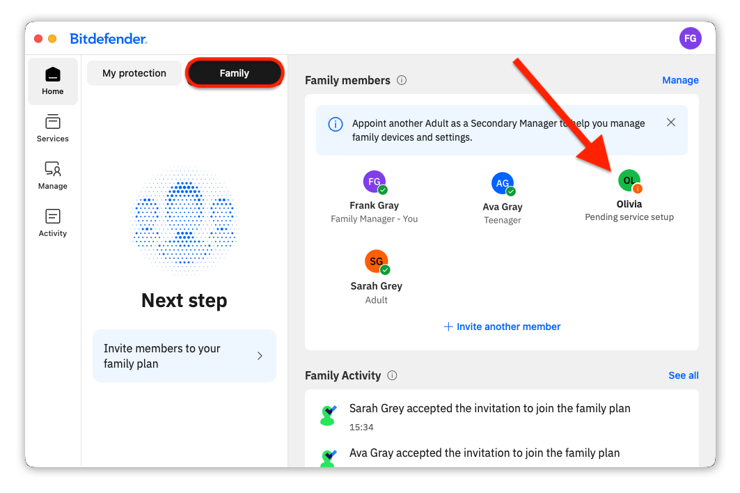 Home dashboard > Family > child name