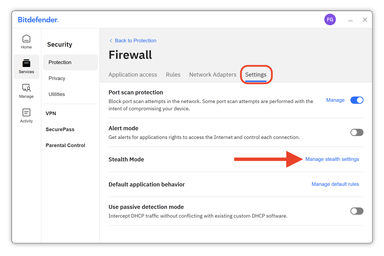 Manage stealth settings