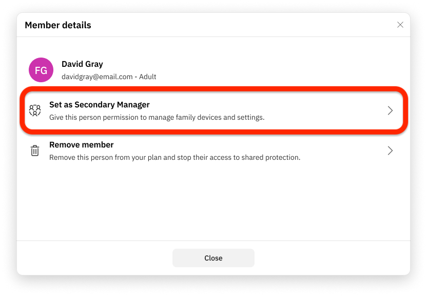 How to set a family secondary manager