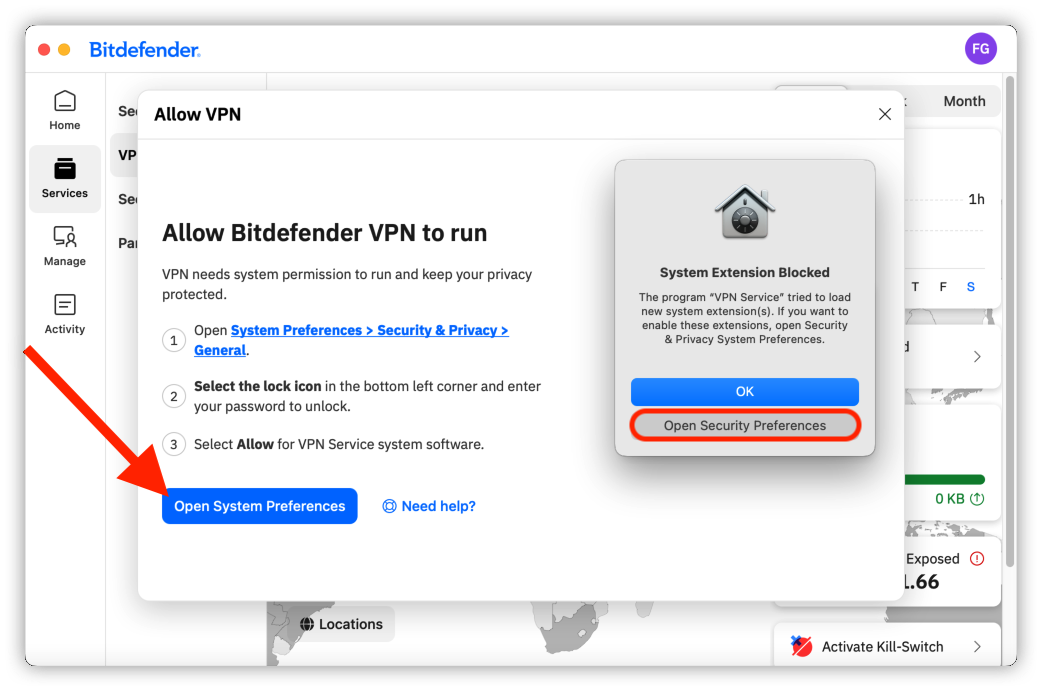 Open System Preferences or Open Security Preferences