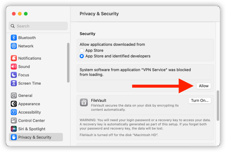 Allow VPN service for Mac in Privacy & Security