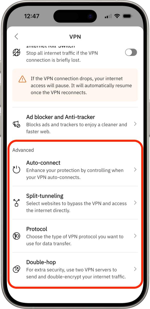 Advanced VPN Settings in Bitdefender Hub - iOS