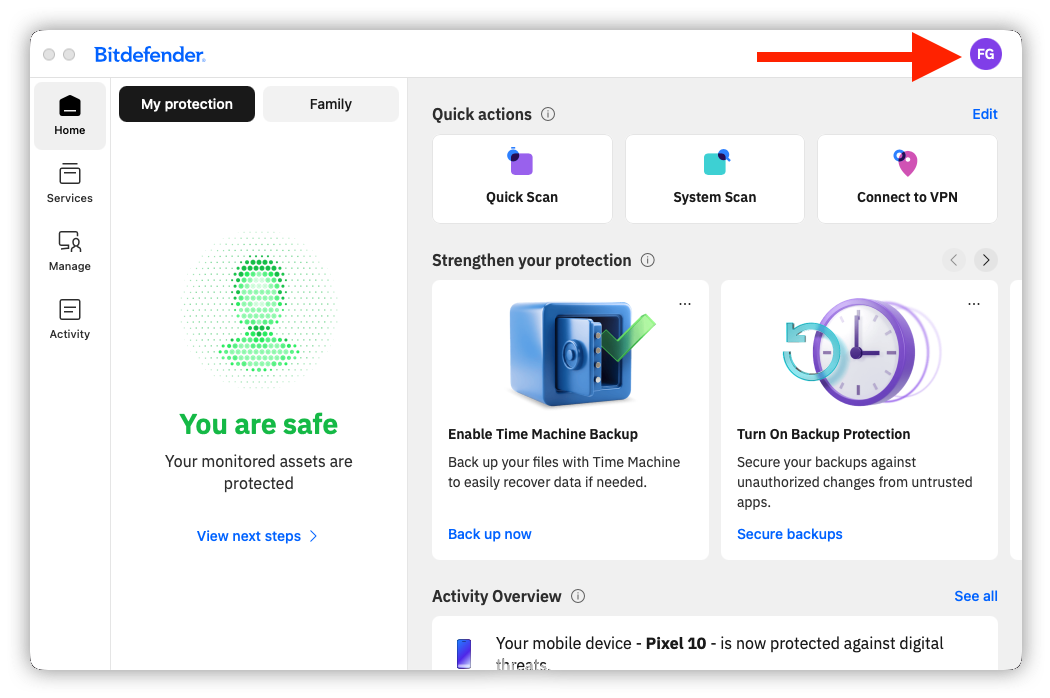 user profile in Bitdefender App