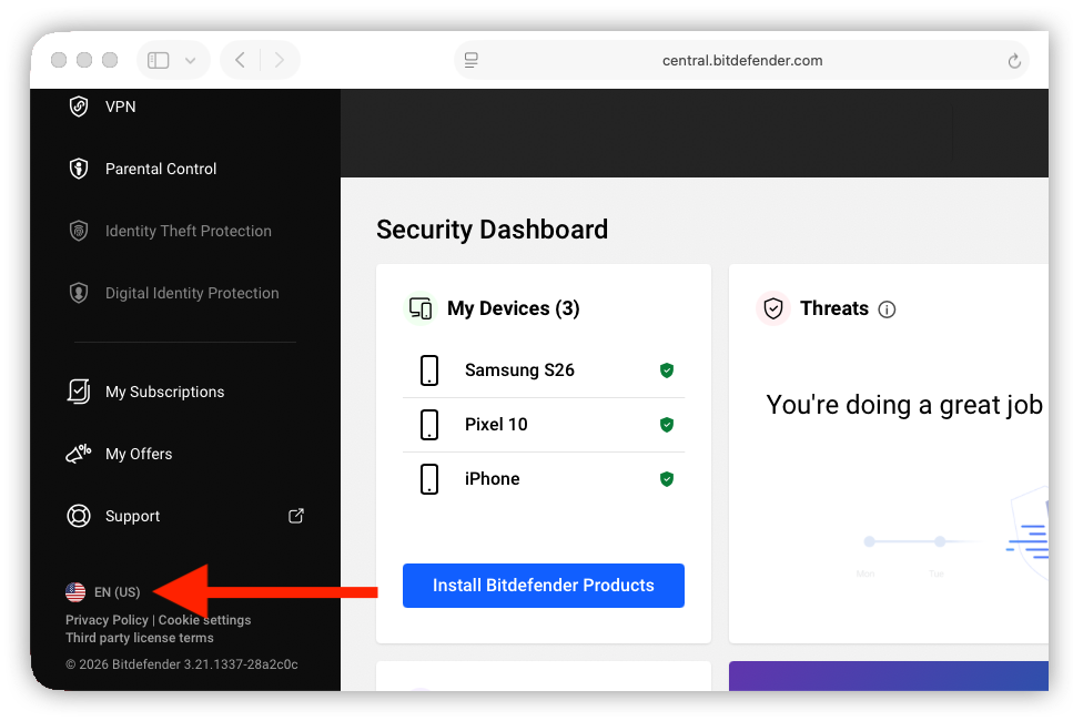 How to change the language in Bitdefender Central