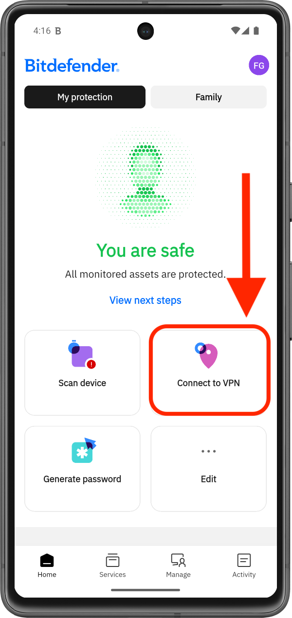 How to cnnect to VPN on Android - Bitdefender Hub home screen