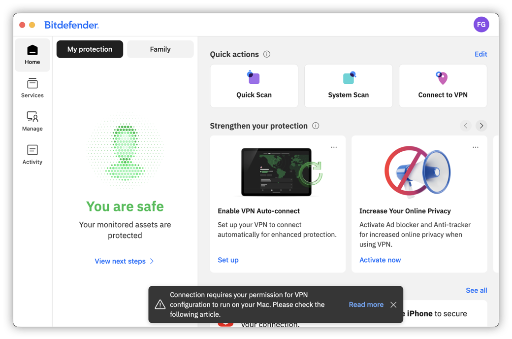 Connection requires your permission for VPN configuration to run on your Mac.