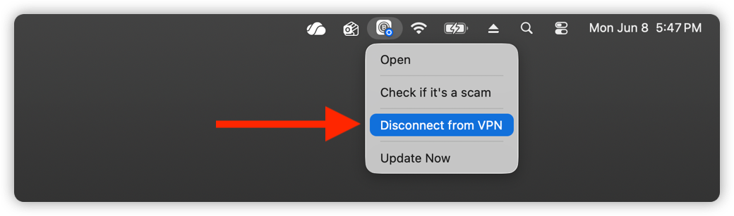 How to disconnect from VPN on macOS using the menu bar icon
