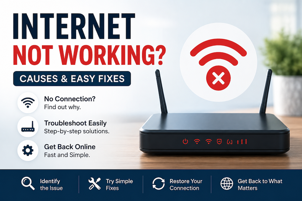 Internet not working troubleshooting guide with Wi-Fi router and connection error illustration