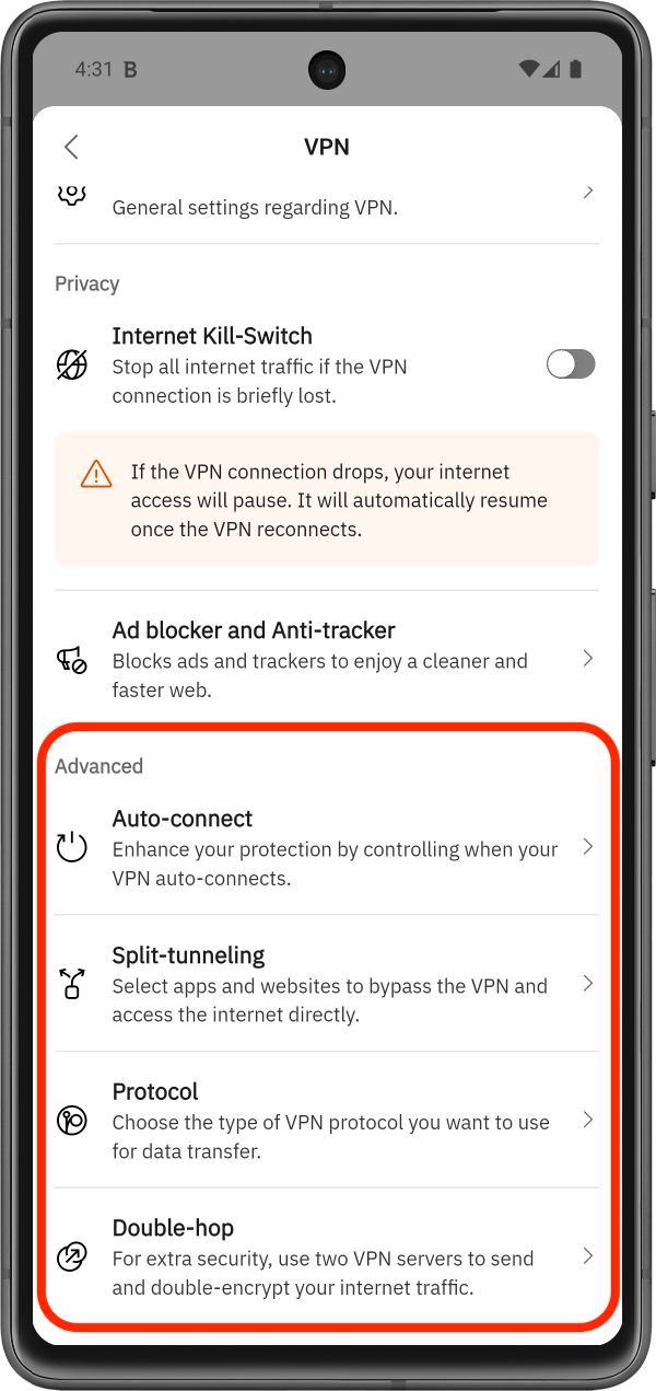 Advanced VPN Settings in Bitdefender Hub - Android
