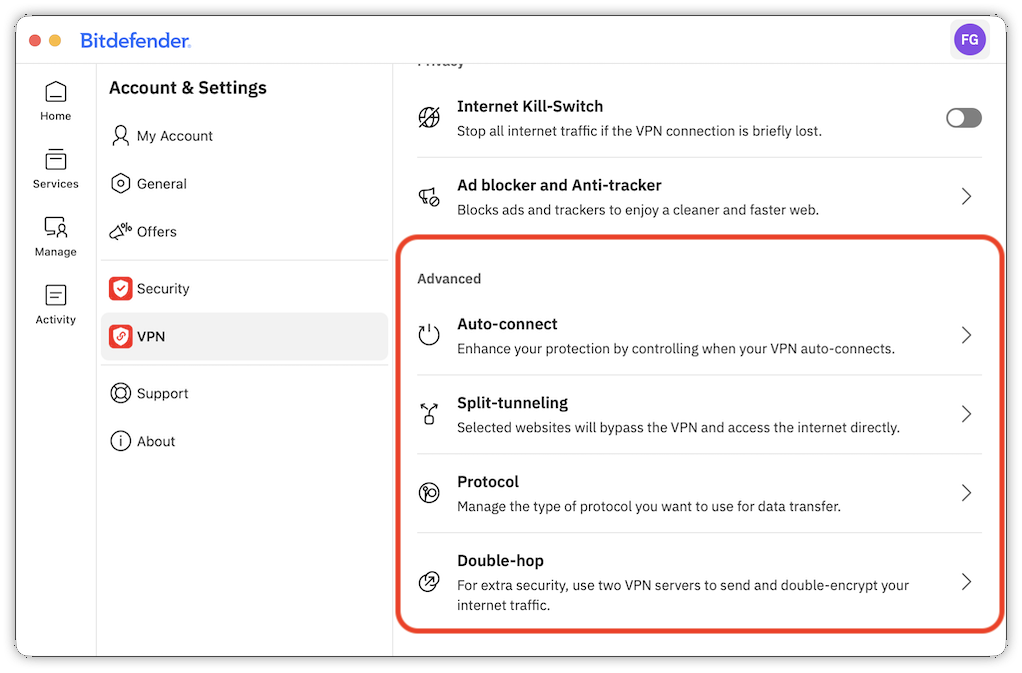 VPN advanced Settings in BItdefender for macOS