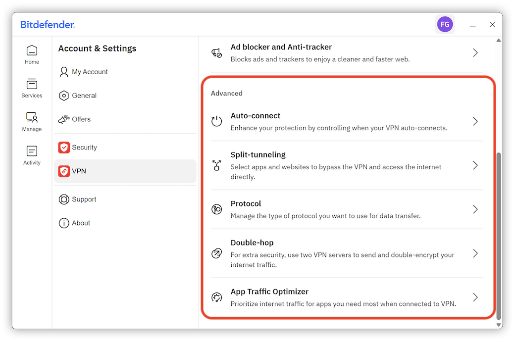 VPN Advanced Settings in Bitdefender for Windows