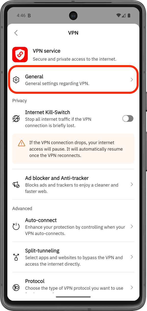 VPN Settings in Bitdefender Hub for Android > General