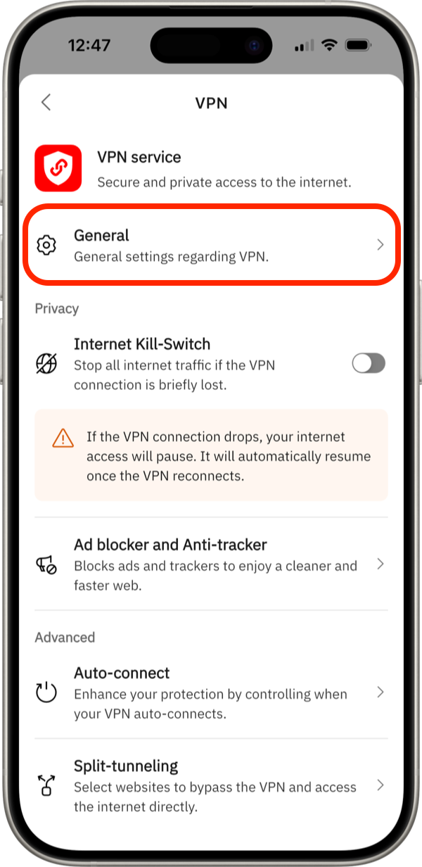 VPN Settings in Bitdefender Hub for iOS > General