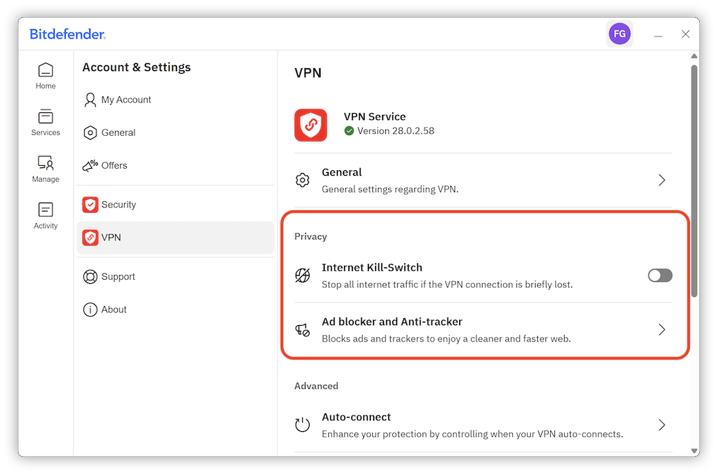 VPN privacy settings in BItdefender for Windows