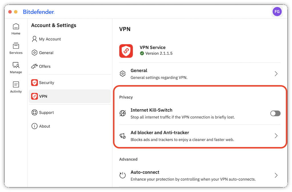 VPN privacy settings in BItdefender for macOS