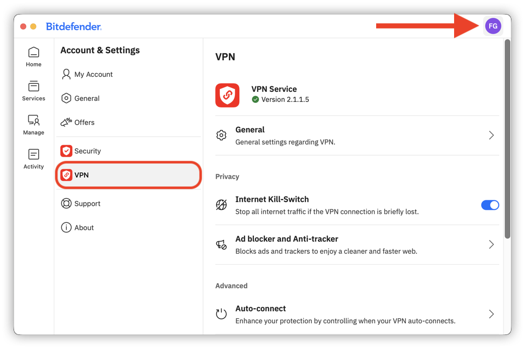 How to access VPN settings in Bitdefender App for macOS