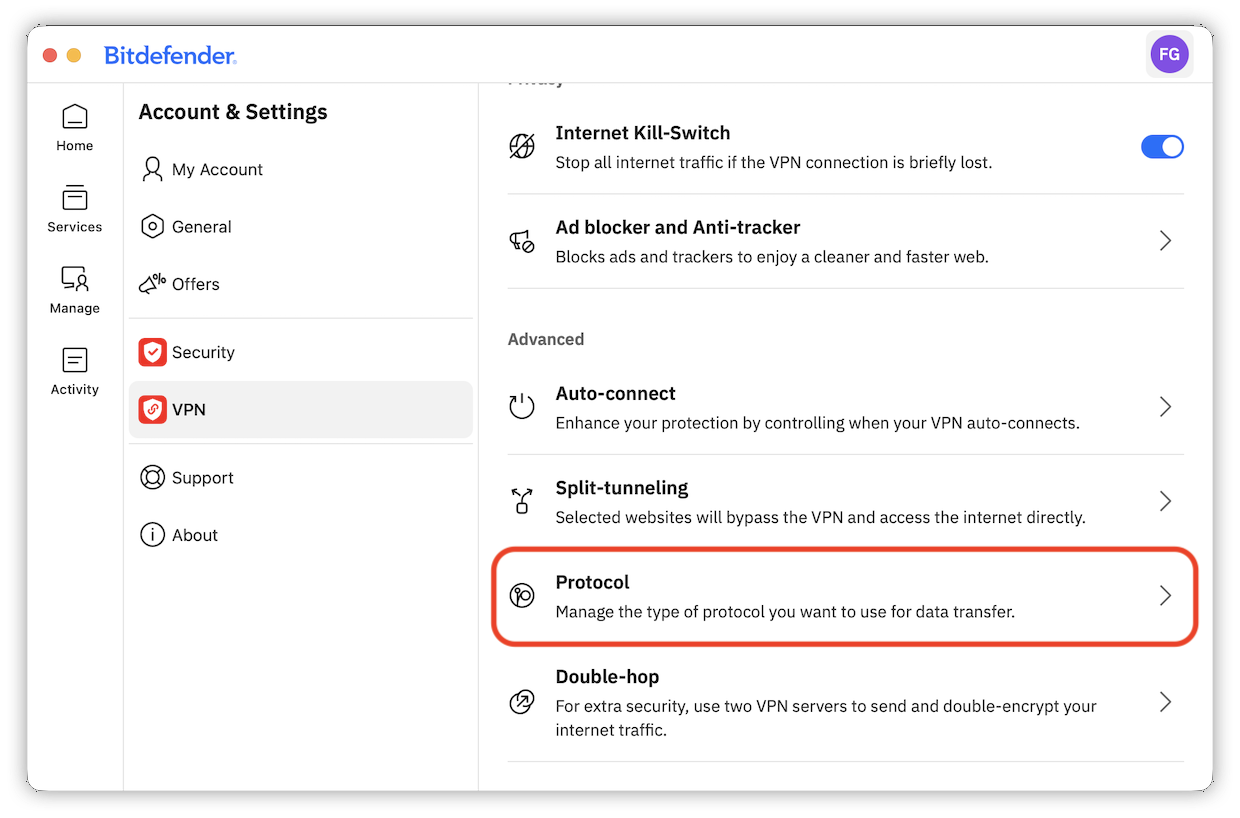 VPN protocols in Bitdefender desktop app