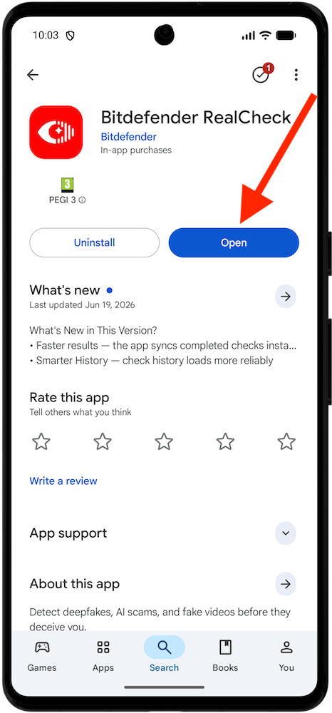 Tap Open after you install Bitdefender RealCheck for Android