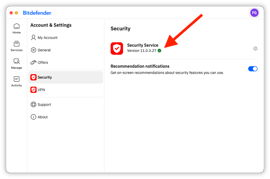 How to check the Bitdefender app version - Security service
