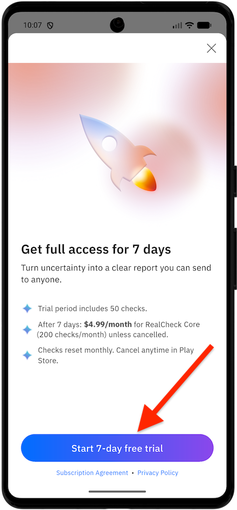 Start 7-day trial after you install Bitdefender RealCheck on Android