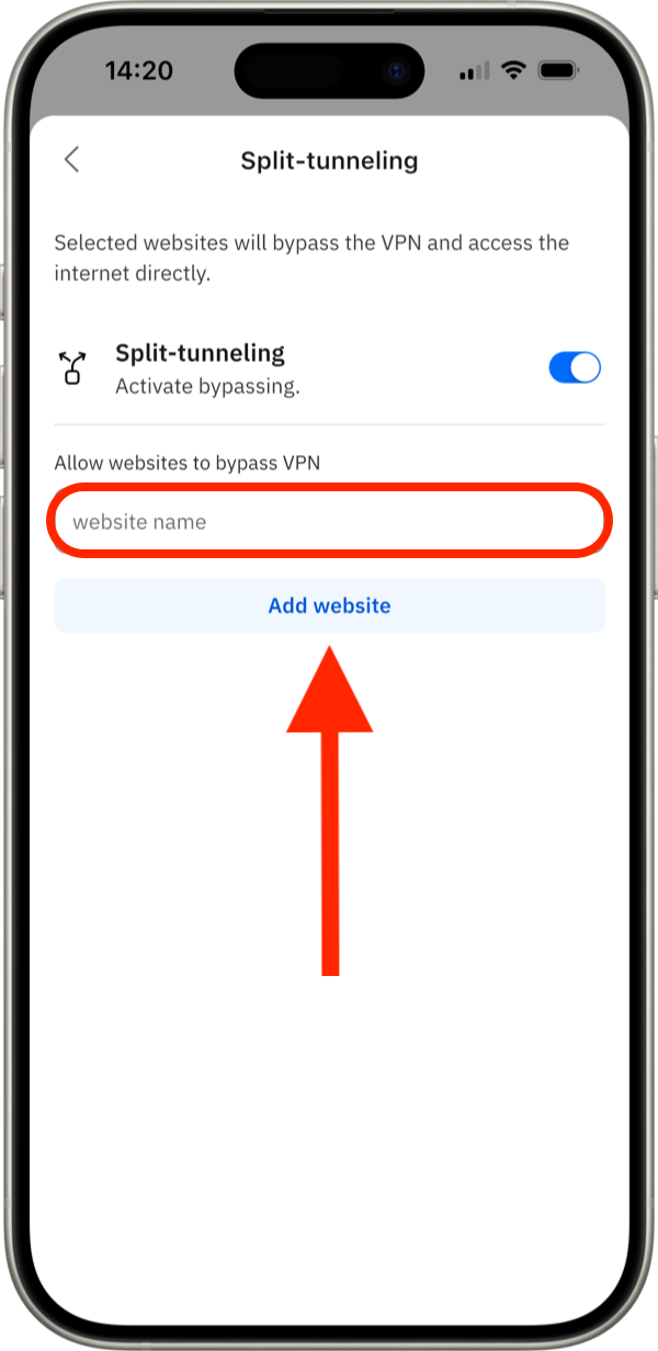 Add website to Split-tunneling - iOS