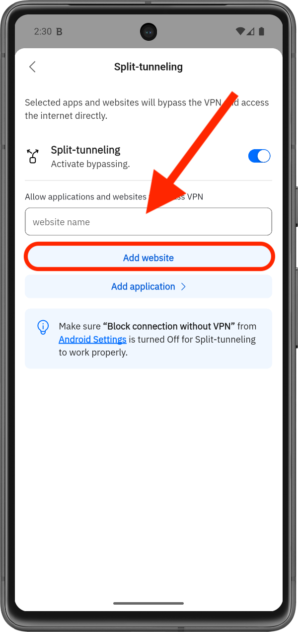Add website to Split-tunneling - Android