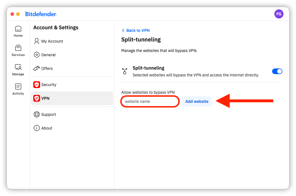 Add website to Split-tunneling