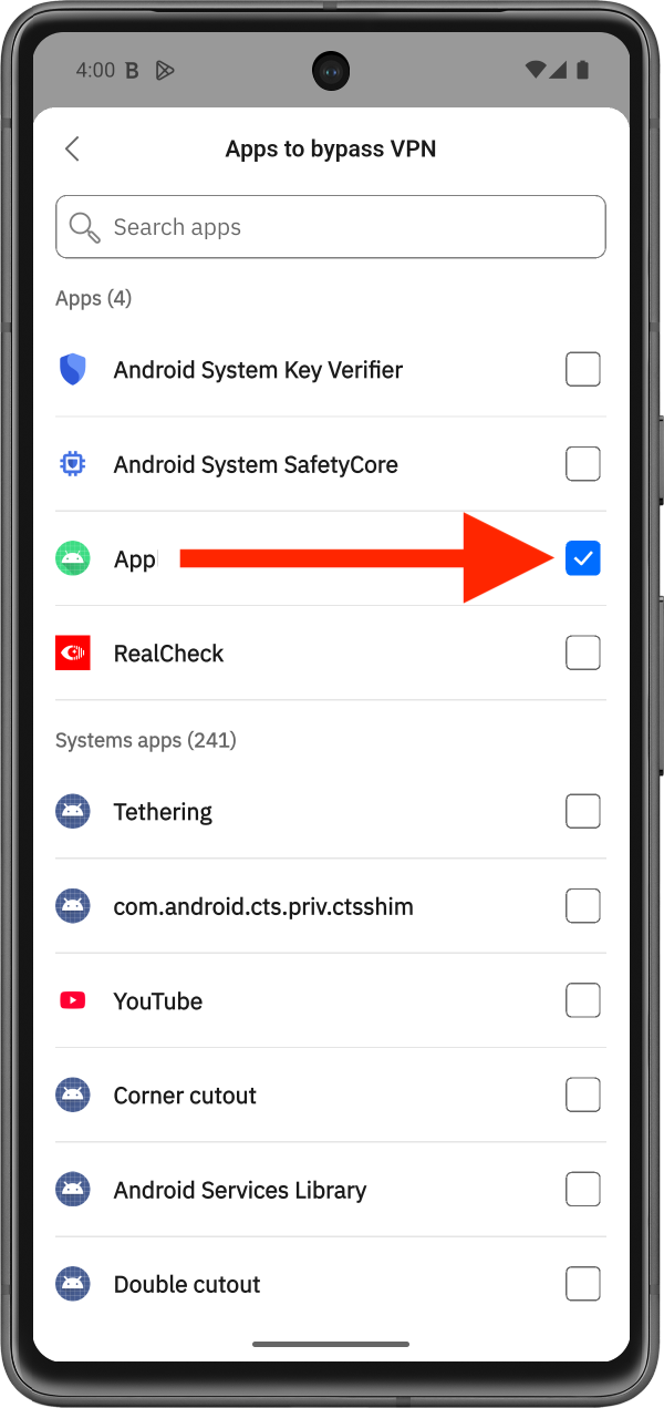 Select the application - Split-tunneling Android