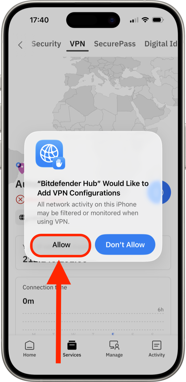 Tap OK to grant VPN permissions on iOS