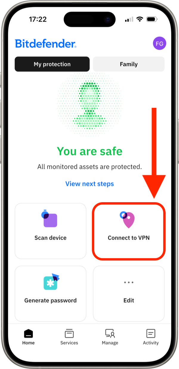 How to connect to VPN on iOS - Bitdefender Hub home screen