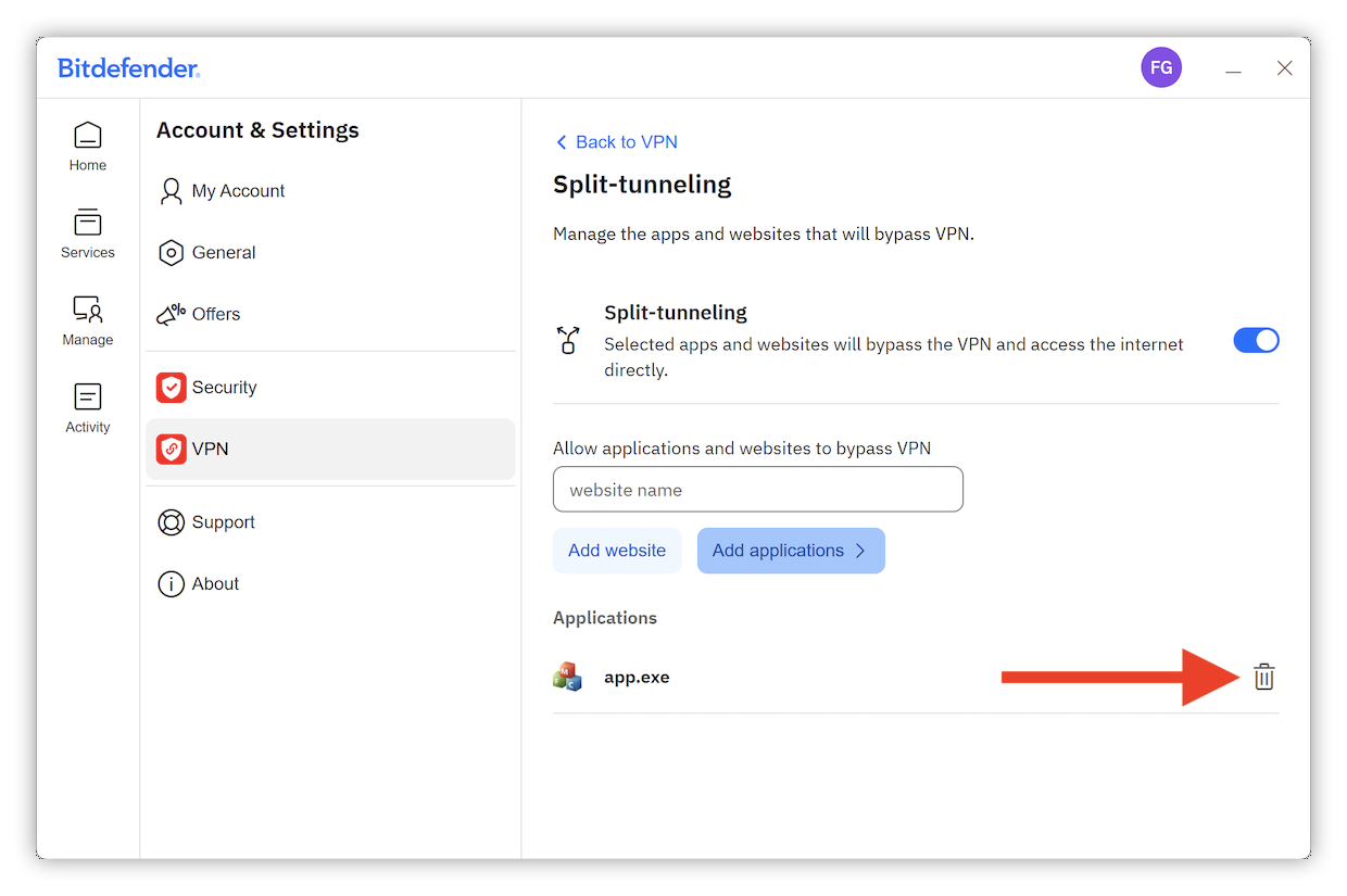 How to delete an application from Split-tunneling - Windows