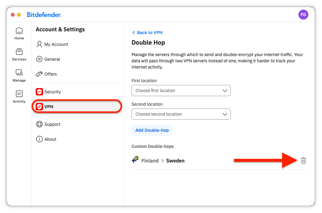 How to delete a custom Double-hop route