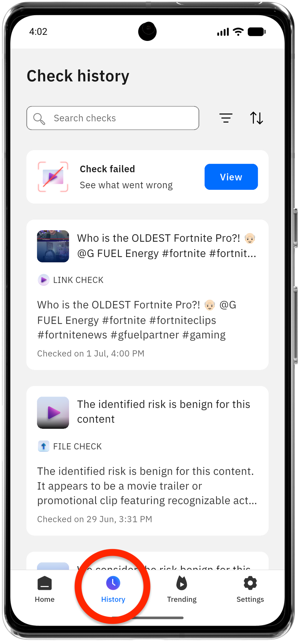 RealCheck video check history