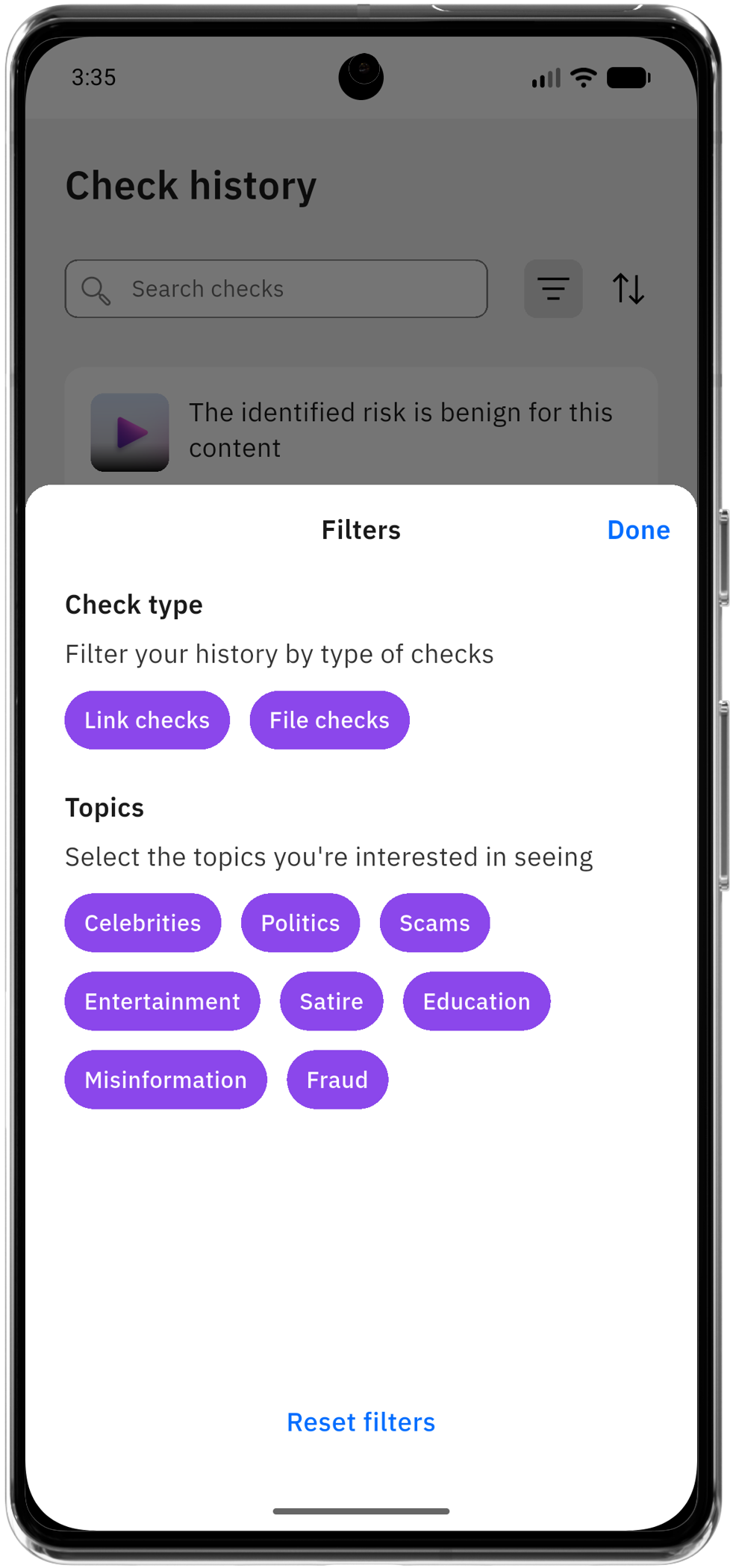 video check history - filters