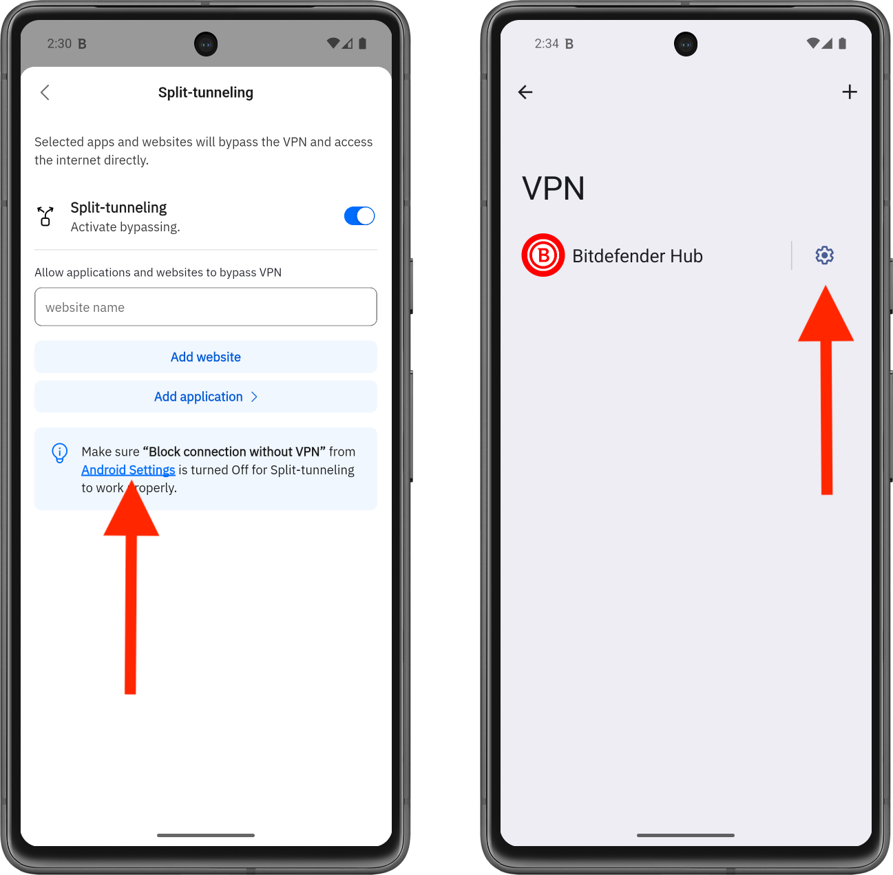 Make sure Block connection without VPN from Android Settings is turned Off for Split-tunneling to work properly