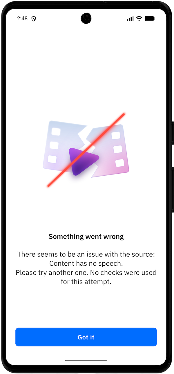 There seems to be an issue with the source: Content has no speech.