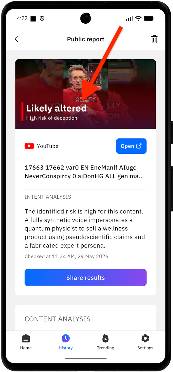 RealCheck report indicating if the video is likely AI or real