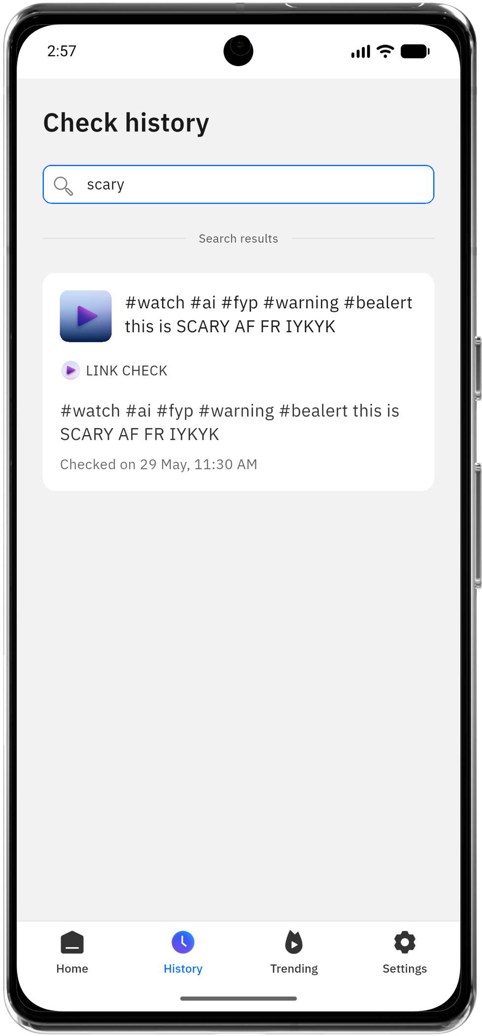 search bar in video check history