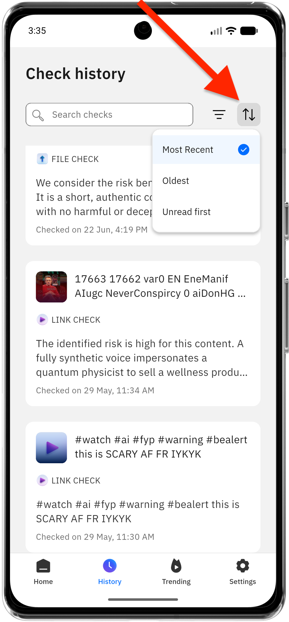 How to sort RealCheck video check history