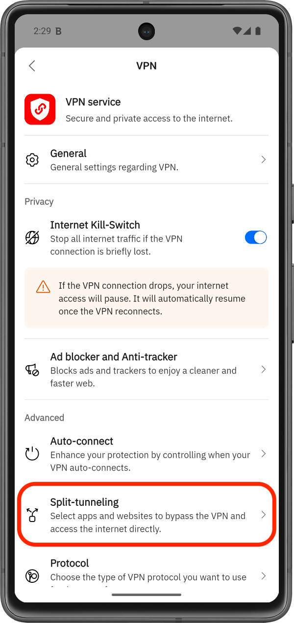 Split-tunneling Android