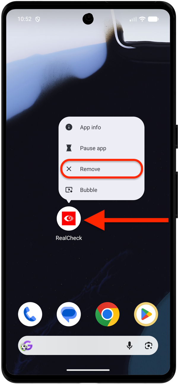 How to uninstall RealCheck on Android from the home screen