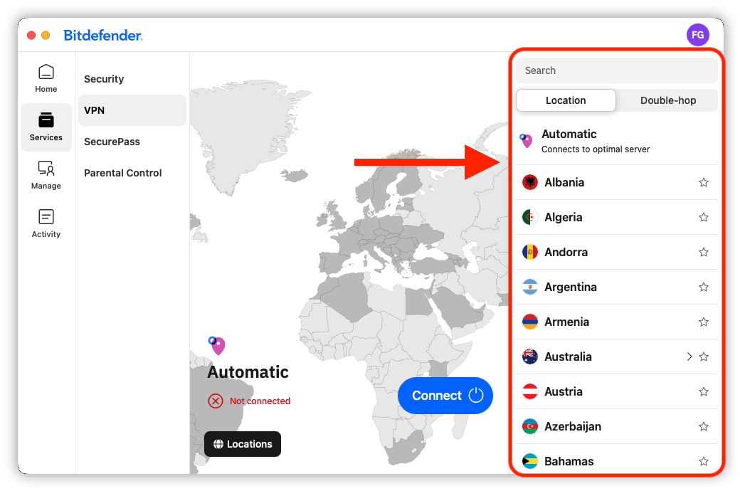 Change the VPN location using the Locations panel