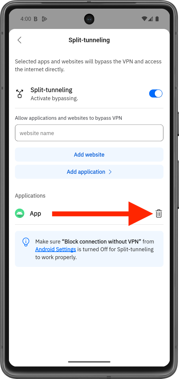 How to remove an application from Split-tunneling - Android