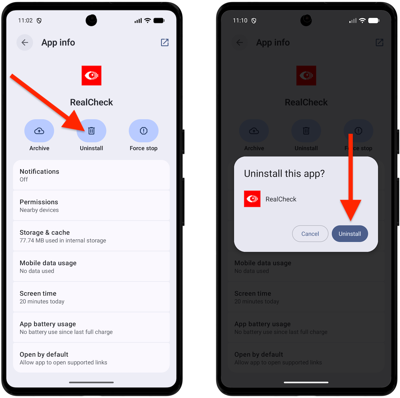 How to uninstall RealCheck from Android settings