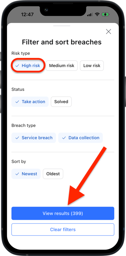 Filter and sort breaches
