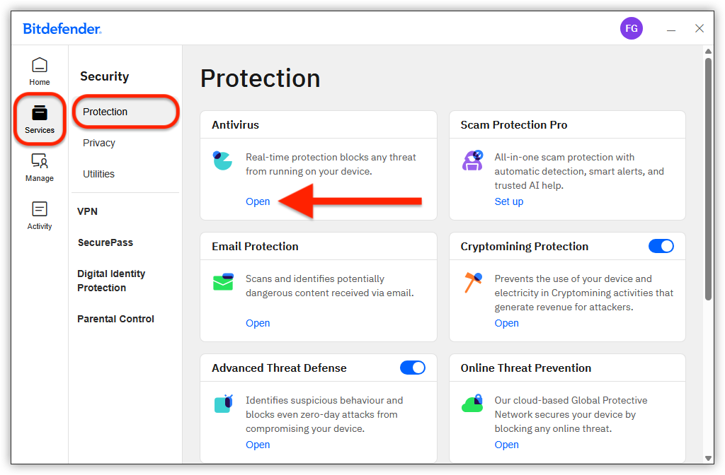 Services > Protection > Antivirus