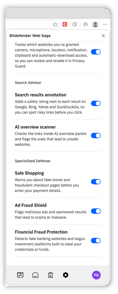 Bitdefender Web Sage - more Security Advisor settings